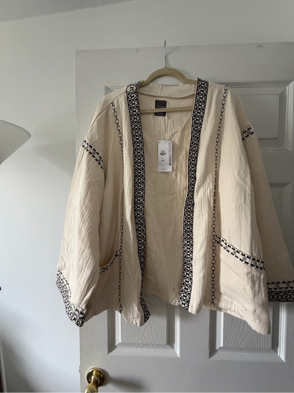 Cream Embroidered Open Front Jacket - Casual Women's Coat